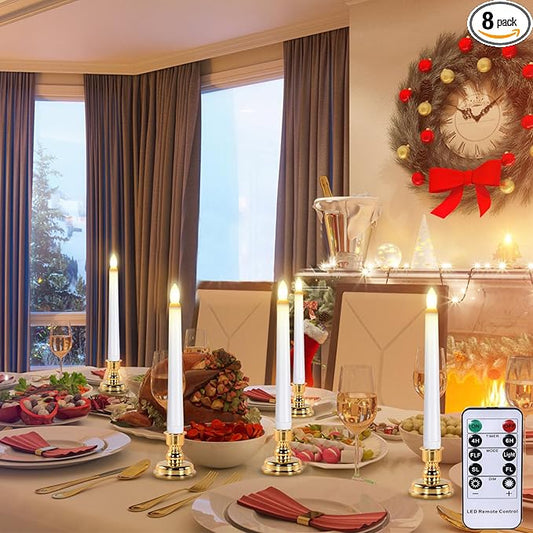 JOSU Taper Battery Operated Candles: 8PCS Flickering Flameless Candles with Timer - 3D Wick Fake Window Candle Outdoor +8 Gold Candlesticks, for Home Decor & Festival Celebration