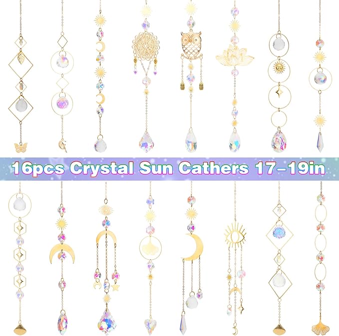 16 pcs Crystal Suncatcher, Colorful Suncatchers Sun Catchers Indoor Window Hanging Ornaments for Home Garden Ceiling Christmas Party Wedding Indoor Outdoor Decoration Prism Rainbow Maker