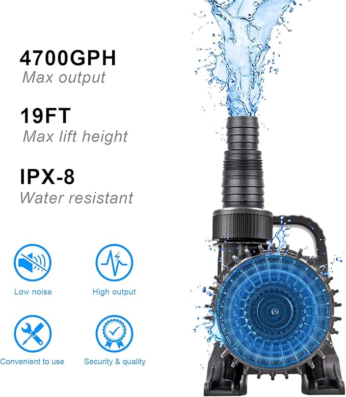 Outdoor Large 4700gph-250W 32.8FT Pond Water-fall & Kio Fish Fountain-s &Garden Pump Submersible IPX8: Long 32.8FT Cord Smart-er & Quieter Duck & Yard& Patio Ponds Pumps, 1 Barrier Pump Bag