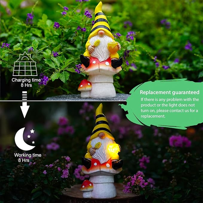 Solar Gnome Decor for Outside - Garden Beer Gnome Outdoor with Solar Lights, Sitting on Mushrooms - Perfect Housewarming or Women's Gifts (Yellow)