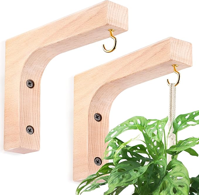 Jantens 2 Pack Hanging Plant Hook, Plant Hangers Indoor, Wooden Hanging Basket Hooks for Indoor Flower Baskets Pot Wind Chime Lanterns Planter