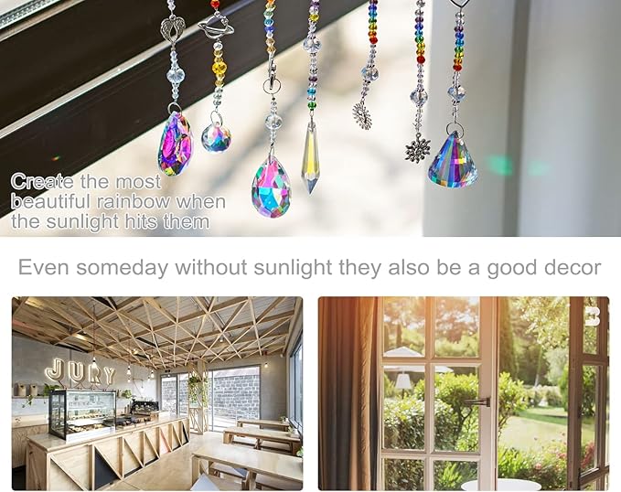 Suncatcher Crystal Prisms Hang Pendants Garden Window Sun Catcher Rainbow Chandelier Beads Chain Ornament, Pack of 7