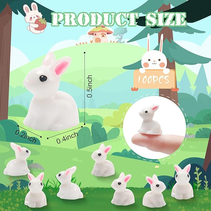 Exasinine 100Pcs Rabbit Miniature Figurines Easter Bunny Mini Rabbits Bunny Figurine Mini Resin Animals Fairy Garden Miniature Ornaments for Easter Egg Fillers Dollhouse Cake Home DéCor
