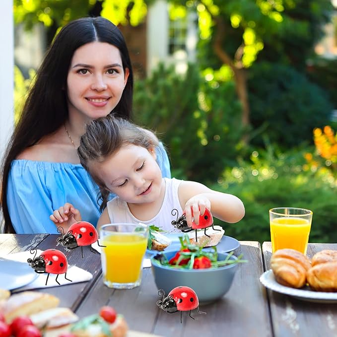 Metal Garden Decor for Outside Cute Ladybugs Yard Art Lawn Ornaments Wall Sculptures & Statues Outdoor Fence Decorations for Patio - Set of 4