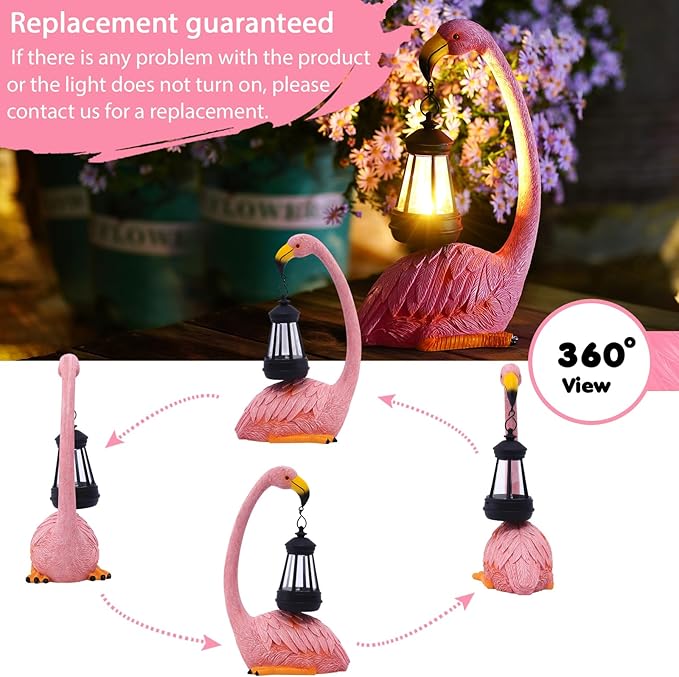 Garden Flamingo Statue with Solar Lantern - Outdoor Statue Yard Art for Patio Lawn Balcony, Unique Flamingo Gifts for Mom Women Grandma