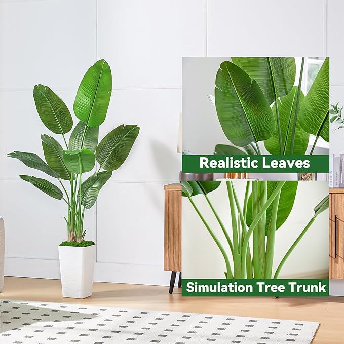 Lifelike Bird of Paradise Silk Artificial Plant Faux Banana Leaf Tree for Home Decor - Perfect Indoor Floor Plant with 9 Trunks (1, Black Planter, 6.6 FT)