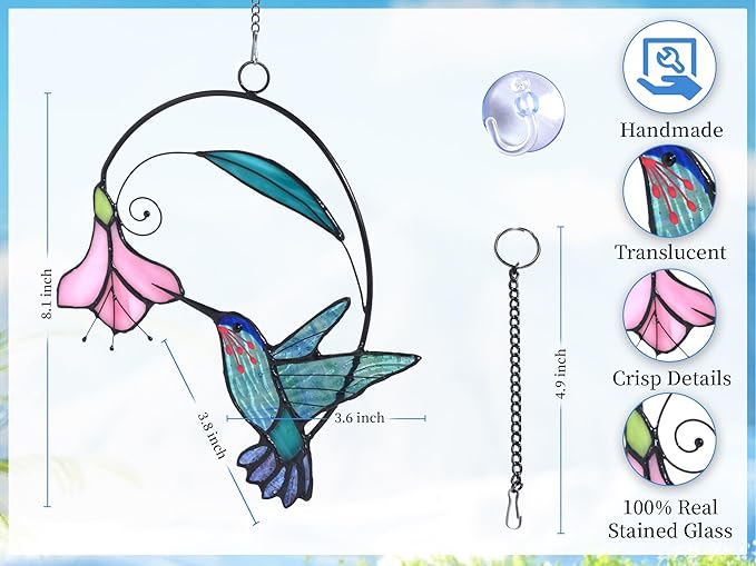 Lolitarcrafts Stained Glass Hummingbird Window Hangings with Flowers, Bird Stained Glass Suncatcher for Window Decor Hummingbird Gifts for Mom,Bird Lovers (Blue with Flower A)