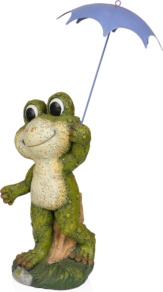 Alpine Corporation QWR1002 Indoor/Outdoor Smiling Frog with Purple Umbrella Garden Statue, Playful Frog Statue, 27" H, Green
