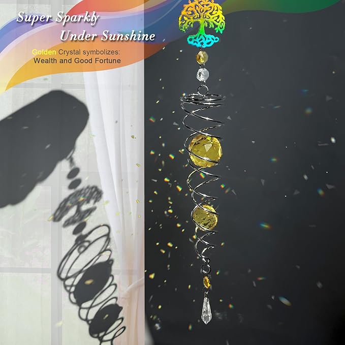 FONMY Tree of Life Gazing Ball Spiral Wind Spinner Sun Catcher Rainbow Maker Silver Spiral W/Golden K9 Crystal Ball Tree Hanging Ornament Indoor Outdoor Garden Decor. 19.5inch H