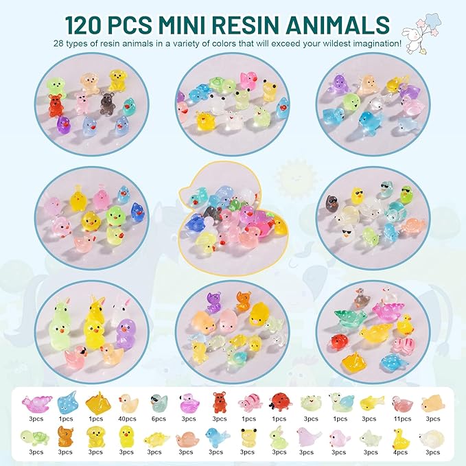 Tiny Resin Animals Figures to Hide 120 Pcs Mini Resin Animals Bulk for Miniature Fairy Garden Accessories Micro Landscape Aquarium Potted Decoration