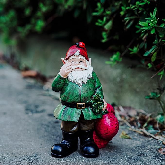 Topadorn Gnomes Figurine Resin Sculpture Garden Gnome Drag a Brunch of Radishes Statue with a Ladybug for Outdoor Garden Decor, Radish Harvest 10 Inch