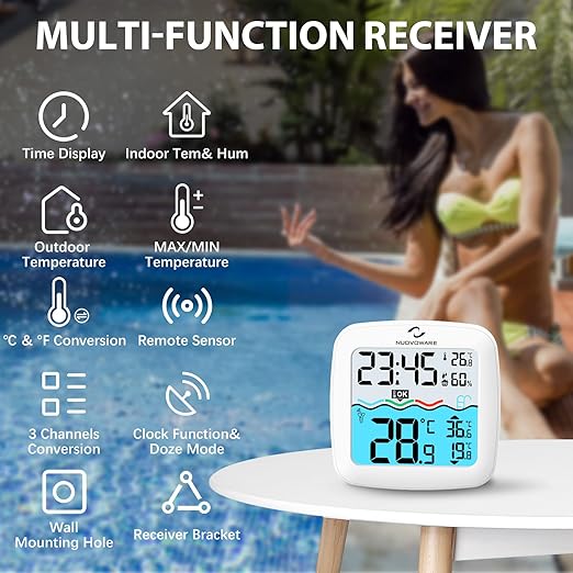 Nuovoware Digital Floating Pool Thermometer, Wireless Pool Thermometer with Easy Read Screen Display, Remote Water Thermometer IPX8 Waterproof for Swimming Pool, Fish Tank, Hot Tub