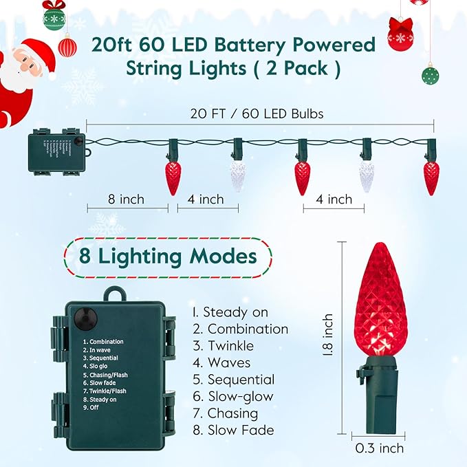 Brightown C6 LED Christmas String Lights - 2 Pack Each 20ft 60LED Battery Operated Strawberry String Lights with Timer and 8 Light Modes for Christmas Trees Wreaths, Indoor Xmas Decor, Red and White
