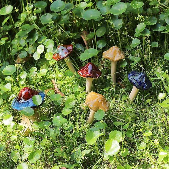 Ceramic Mushrooms for Garden 6 Pack Small Mushroom Decor Garden Decor Outside Outdoor Lawn Ornaments Decorative Plant Stakes Decorations for Pots Yard Little Toadstool Statue Gifts Brown