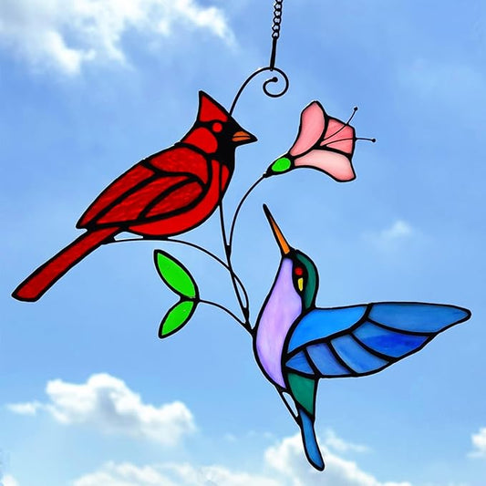 Stained Glass Red Cardinal with Hummingbird Suncatcher Window Hanging Ornament, Stain Glass Birds Sun Catchers for Window Decor,Red Cardinal Hummingbird Gifts for Women, Mom, Birds Lovers