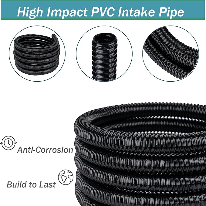 Pond Tubing 3/4” × 10ft- Black Corrugated Flexible PVC Hose, Kinkproof & Strong for Garden Ponds, Waterfall Sump Pump Pond Hose