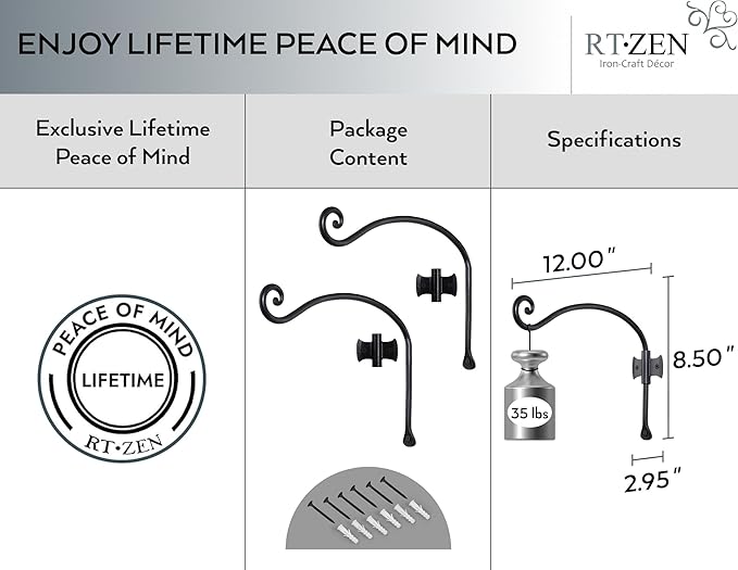 RTZEN Plant Hangers Outdoor or Indoor - Wrought Iron Metal Hanger Indoor Hook - Heavy Duty Wall Bracket Hooks for Hanging Plants Baskets Lanterns Wind Chimes - 2 Pack (Black Axe-Shape Hooks)