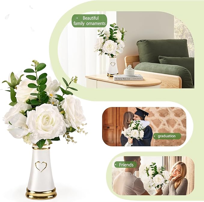 LoveLin Artificial Faux Flowers with Ceramic Vases，Affordable Luxury Artwork，Housewarming New Year Xmas Box for Wife Father，Living Dining Room Bedroom Office Hotel Home Decor White