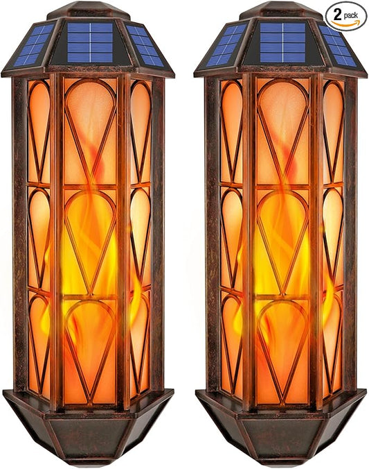 Solar Flame Lights Outdoor, Upgraded 74 LED Flickering Flame Lights, Solar Powered Auto On/Off, Outdoor Waterproof Wall Lanterns for House Garage Doorway Garden Porch Patio Yard Decoration (2 Pack)