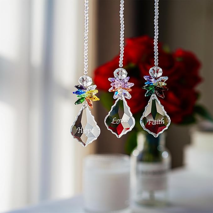 H&D HYALINE & DORA Glass Crystal Rainbow Angel Ornament Chakra Hanging Suncatcher Window Sun Catcher with Baroque Maple Leaf Pendant for Gift, Pack of 3