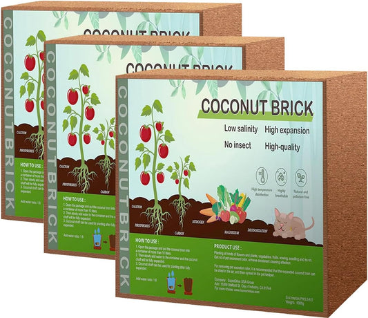 Premium Coco Coir Brick, High Nutrinent Coconut Soil,100% Organic Low EC & PH Balanced Potting Soil for All Plants Gardening, Hydroponics and Green House (3 Pack)