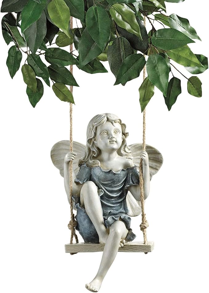 Design Toscano EU42046 Summertime Fairy on a Swing Hanging Statue, 11 Inch, Polyresin, Two Tone Stone