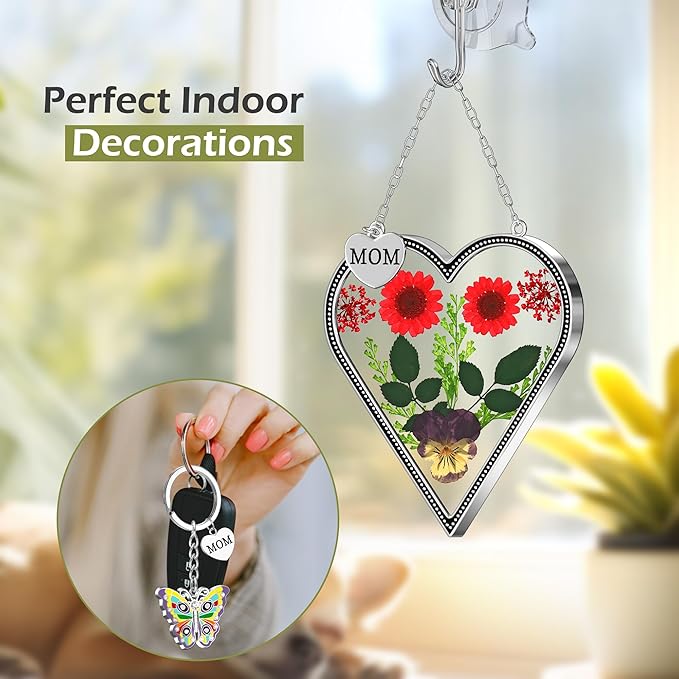 KY&BOSAM Heart Suncatcher Mom Gifts Glass Butterfly Suncatchers for Window Hanging with Pressed Flower Between Heart in Glass and Metal Charm Gifts for Mom Mother's Day Valentine's Birthday Christmas