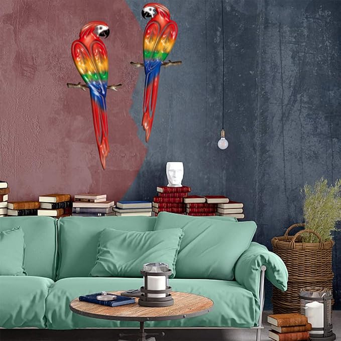 Metal Outdoor Wall Art Decor,3D Colorful Garden Birds Sculpture Outdoor Iron Hanging Parrot Decor, Metal Hand-Made Bird Wall Art Decorations for Fence Patio Balcony Living Room