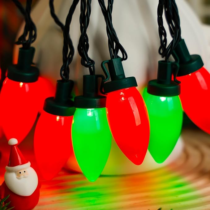 C9 Bulbs Classic Christmas Lights - 50 LED 32ft Strawberry String Light Red&Green - Extendable 8 Modes Funtion with Timer Fairy Lighting for Outdoor, Indoor, Party, Home, Tree Decorations