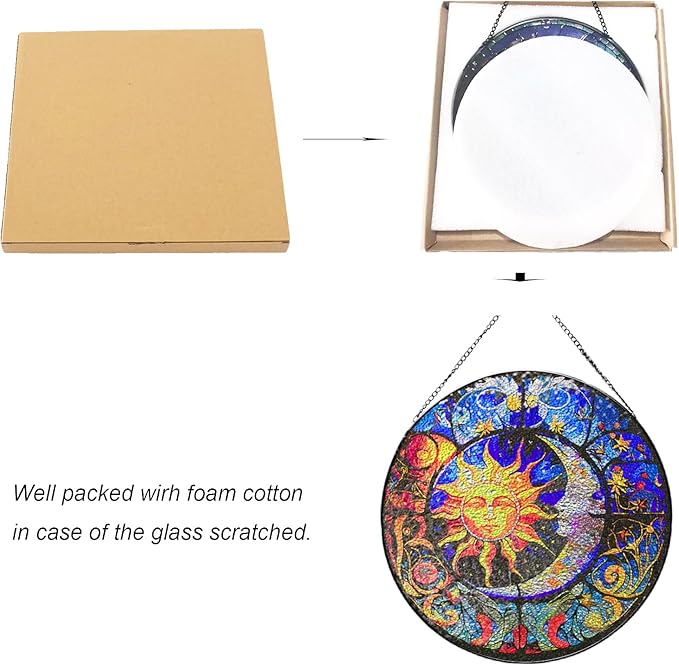 Stained Glass Suncatcher,Sun and Moon Artistic Window Hanging,7.8” Hand-Painted Glass Panel Wall Home Decor,Gift for Women Garden Decor Suncatcher (Sun and Moon), BL009