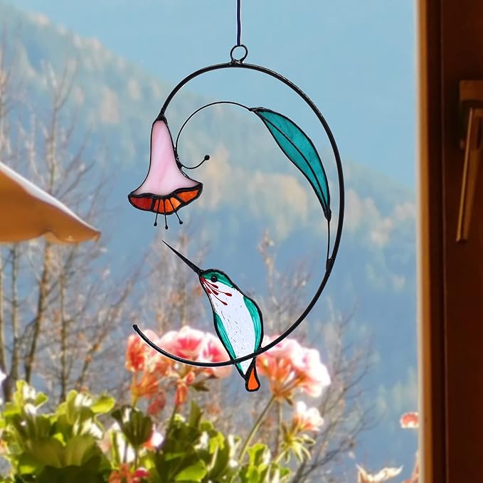 Lolitarcrafts Hummingbird with Flower Stained Glass Suncatcher Bird Stained Glass Window Hangings Hummingbird Gift for Home Decor (Green)