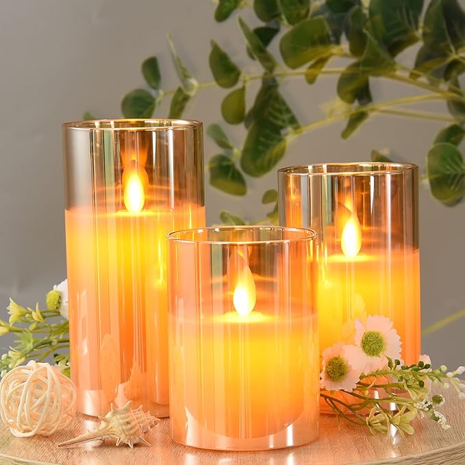 JOSU Flameless Candles 4" 5" 6" Set of 3 Outdoor Indoor Fake Pillars Gold Glass LED Battery Operated Candles Include 10-Key Remote Timer for Wedding Party Halloween Christmas Thanksgiving Fall Diwali