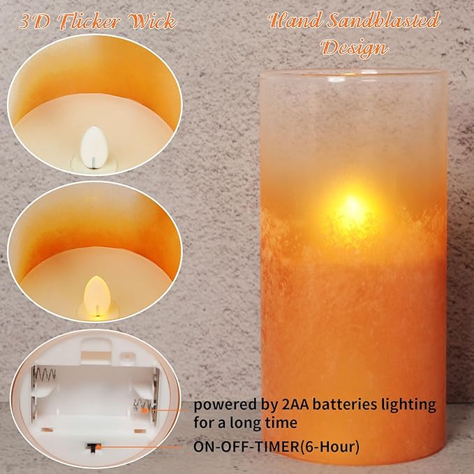 Orange Flameless Candles - Battery Operated Candles with Remote Orange Glass Sandblasted Design Wax Unscented - Centerpieces for Dinner Table Tray House Warming Thanksgiving Gifts