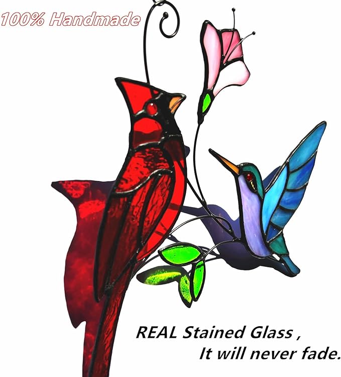 Stained Glass Red Cardinal with Hummingbird Suncatcher Window Hanging Ornament, Stain Glass Birds Sun Catchers for Window Decor,Red Cardinal Hummingbird Gifts for Women, Mom, Birds Lovers