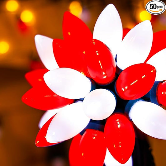 C9 Bulbs Classic Christmas Lights - 50 LED 32ft Strawberry String Light Red&White - Extendable 8 Modes Funtion with Timer Fairy Lighting for Outdoor, Indoor, Party, Home, Tree Decorations