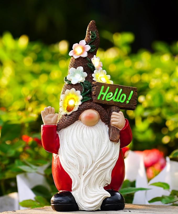 Solar Gnome Garden Statue for Decor: Outdoor Figurines Sculpture with Lights and Hello Sign for Lawn Patio Yard Balcony - for Mother Women