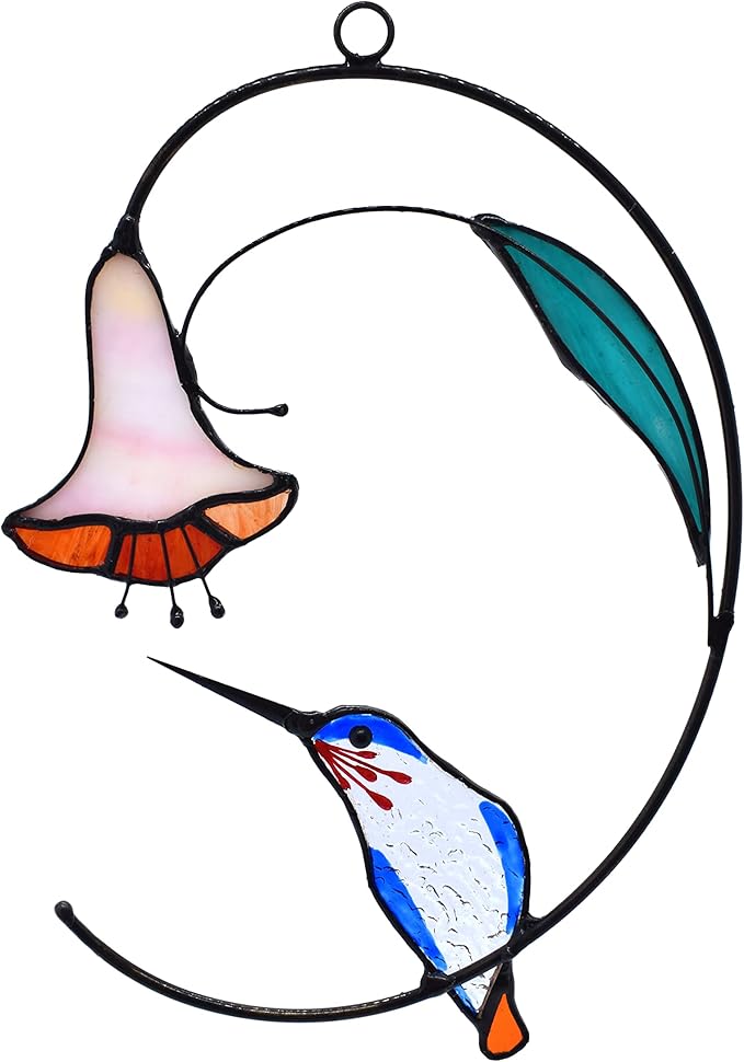 Lolitarcrafts Hummingbird with Flower Stained Glass Suncatcher Bird Stained Glass Window Hangings Hummingbird Gift for Home Decor (Blue)