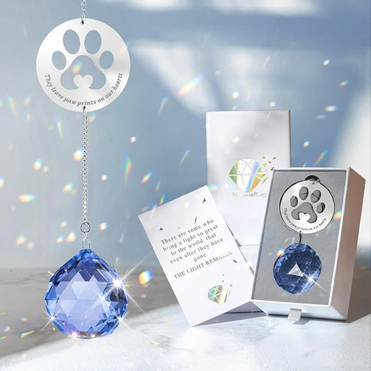 Dog Memorial Gifts, Unique Loss of Pet Sympathy Idea, Navy Blue Crystal Ball Rainbow Suncatcher with Paw Print for Cat or Dog Remembrance and Bereavement
