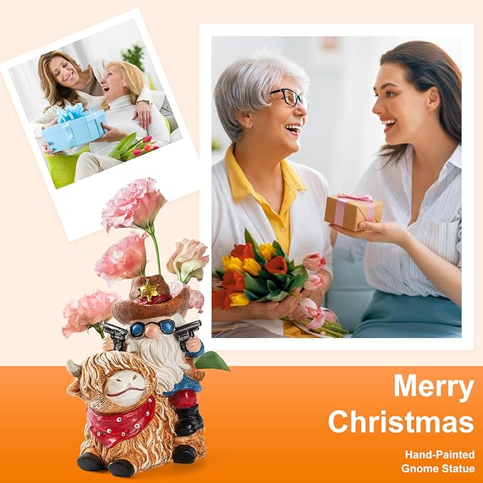 Garden Gnome Statue on Highland Cow with Solar Lights – Funny Outdoor Resin Decor for Patio, Lawn, Yard – Unique Gift for Women, Grandma, Mother's Day, Birthday, Housewarming