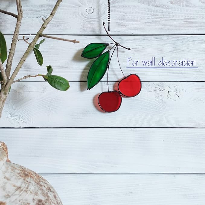 Stained Glass red Cherry Window Hanging Sun Catcher Christmas Thanksgiving Gifts Birthday Gifts for Lover and Friends