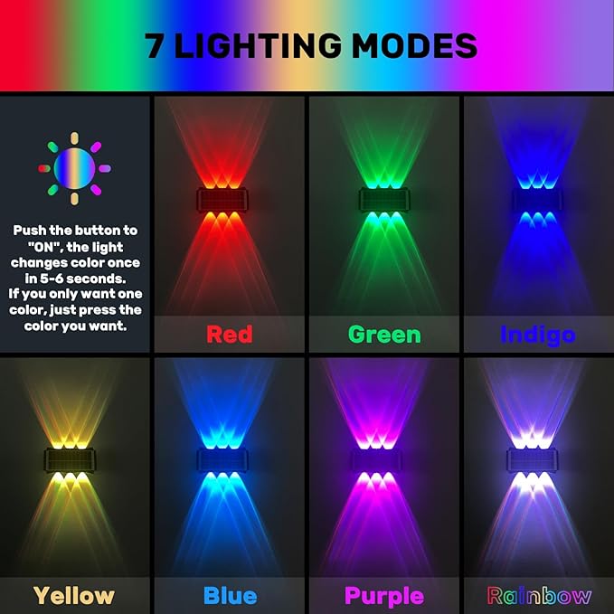 6LEDs Multi-Color Solar Wall Lights, Up and Down Lighting Solar Outdoor Light Waterproof IP65, Solar Fence Light for Yard Deck Garden Garage Walkway Porch Christmas Decorations (4 Pack)
