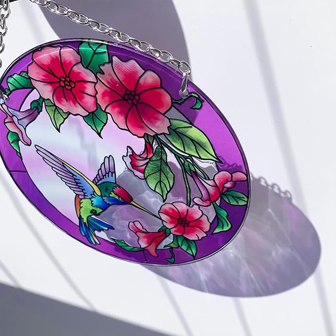Stained Glass Window Hanging, Hummingbird Gifts for Women, Bird and Flowers Suncatcher for Window, 6" Purple Stained Glass Suncatchers, Hand Painted Glass for Birds Lover (6 inch)