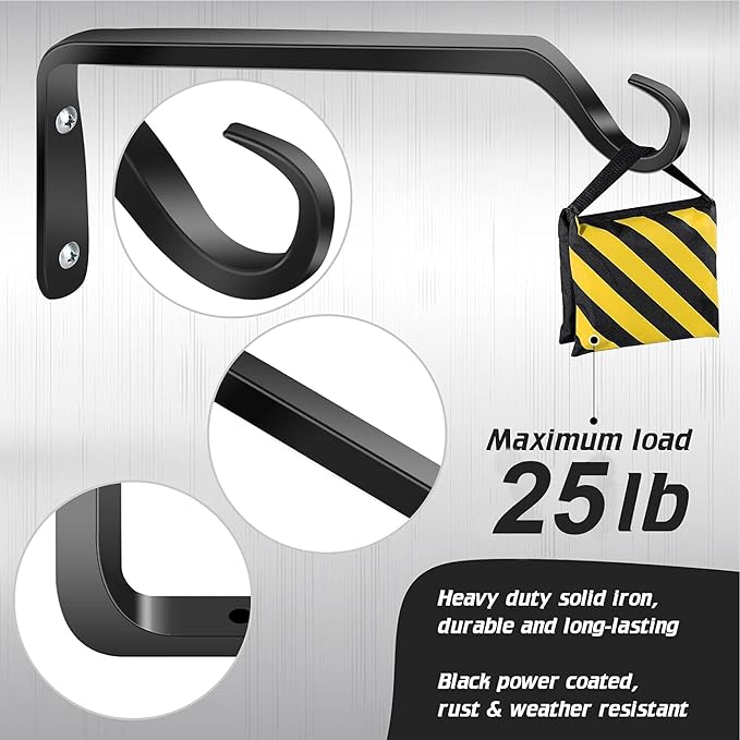 Worth Garden 6-Pack 10" Plant Hanger Bracket - Forged Wrought Iron Powder-Coated Heavy Duty Wall Hook - Black Plant Hanging Hooks - Durable and Stable for Bird Feeders, Planters Indoor & Outdoor