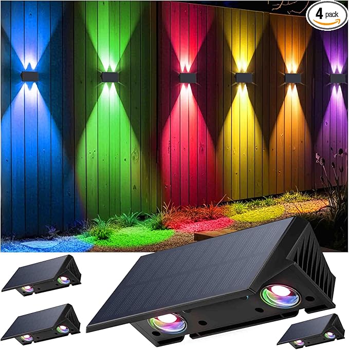 Fence Lights Solar Powered, 4-Pack Solar Fence Lights Up/Down Flexible Buttons, IP67 Waterproof for Outdoor, 120LM Bright, Auto Dusk to Dawn for Wall/Stairs/Yard/Railing/Deck/Pathway (White & RGB)