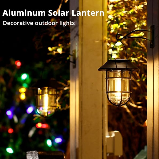 Solar Outdoor Hanging Lights, Waterproof Metal Solar Lanterns with Clear Glass, LED Edison Bulbs Decorative Wall Lanterns with Hooks, No Wiring Required, 2 Pack