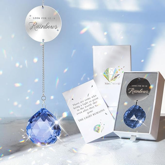 Memorial Gifts for Loss of Loved One, Unique Sympathy Gift Idea Navy Blue Crystal Ball Window Suncatcher, Rainbow Bereavement Grief Gift Box for Loss of Mom Dad Husband Son Daughter