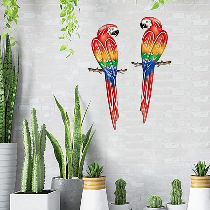 Metal Outdoor Wall Art Decor,3D Colorful Garden Birds Sculpture Outdoor Iron Hanging Parrot Decor, Metal Hand-Made Bird Wall Art Decorations for Fence Patio Balcony Living Room