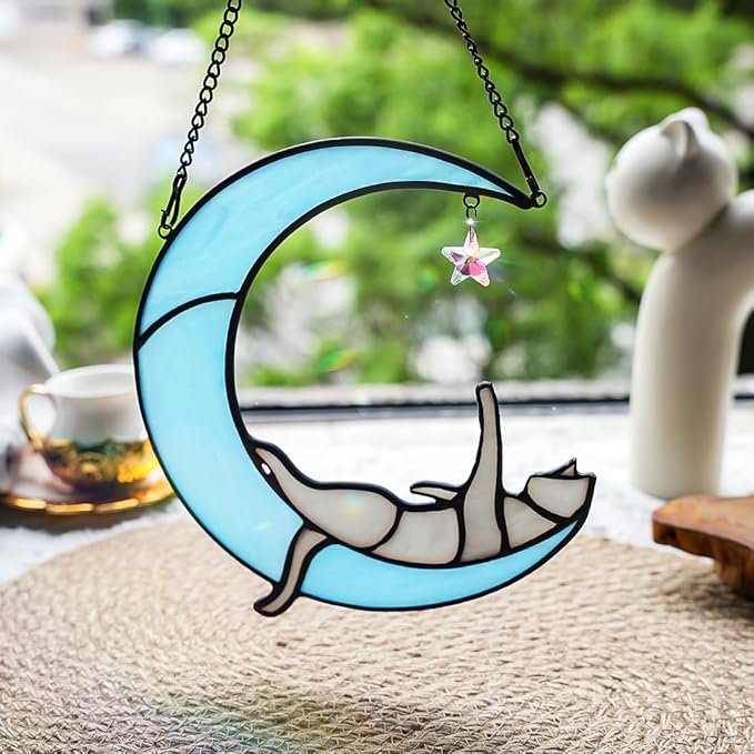 BOXCASA Colorful Crystals Star Cat Suncatchers for Window,Gray Cat Stained Glass Window Hanging,Funny Cat Moon Decor,Cat Gifts for Cat Lovers,Women Mom Grandma Aunt Friend