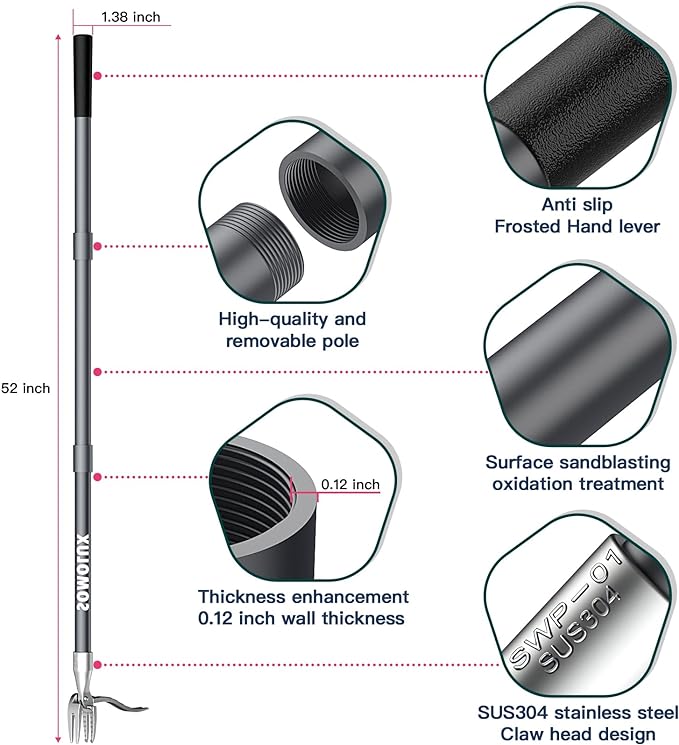 SOMOLUX 52'' Weed Puller Tool Stand-up Weeder with Metal Long Handle/Stainless Steel Claw, Gardening Manual Tool Weed Gripper/Picker/Remover No Bending/Kneeling to Remove Dandelion Form Lawn Patio