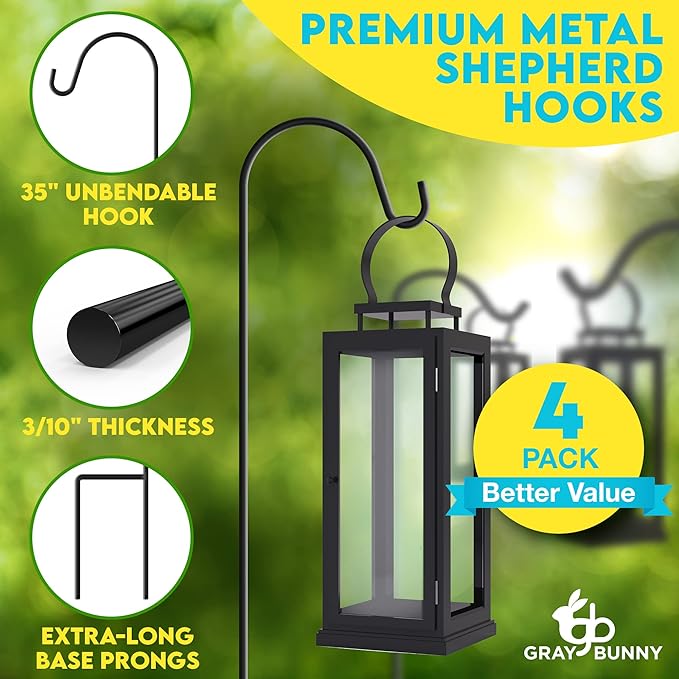 Gray Bunny 35" Shepherds Hooks for Outdoor 4 Pack, Thick Bird Feeder Pole, Hanging Plant Stand, Shepherds Hook for Bird Feeder, Non-Hollow, Non-Adjustable, Extra Long Base Prongs
